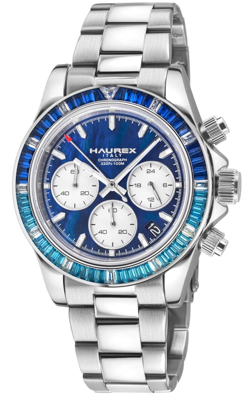 Haurex Italy:Arcobaleno 316L Stainless Steel Case, Blue/torq Bezel, Blue Dial, Stainless steel Bracelet Watch. Haurex 4A515UBB Men's Italy Arcobaleno Watch

Haurex Men's Watch from the Arcobaleno Collection
39.5mm Round 316L Stainless Steel Case, Blue MOP
Blue MOP Dial, Date at 3 o'clock
Screw Down Crown, Silver Case back
316L Stainless Steel Bracelet With Deployment Buckle
Anti-reflective Sapphire Crystal
Water Resistant to 100 Meters/10ATM
