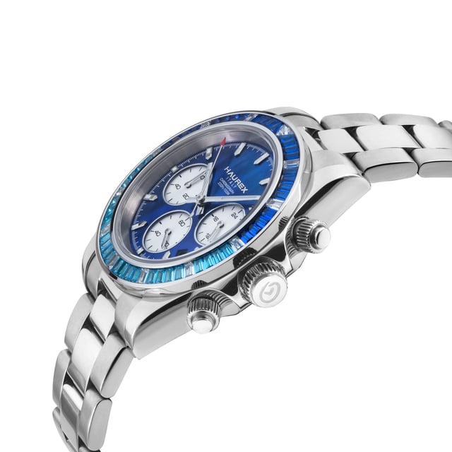 Haurex Italy:Arcobaleno 316L Stainless Steel Case, Blue/torq Bezel, Blue Dial, Stainless steel Bracelet Watch. Haurex 4A515UBB Men's Italy Arcobaleno Watch

Haurex Men's Watch from the Arcobaleno Collection
39.5mm Round 316L Stainless Steel Case, Blue MOP
Blue MOP Dial, Date at 3 o'clock
Screw Down Crown, Silver Case back
316L Stainless Steel Bracelet With Deployment Buckle
Anti-reflective Sapphire Crystal
Water Resistant to 100 Meters/10ATM