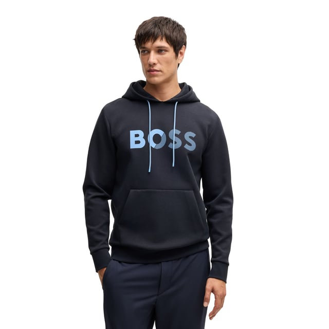 Mens BOSS Soody Regular-Fit Hoodie with logo print in dark blueA signature hoodie designed in stretch cotton by BOSS Menswear. This piece is cut to a straight fit and printed with BOSS branding.- Regular fit- Neckline: Hooded- Pockets top: Kangaroo pocket- Long sleeves- Ribbed cuffs- Standard length- Main material: 73% Cotton  21% Polyester  6% Elastane.  Lining: 100% Polyester.  Machine washable.- Ref: 50535116-402