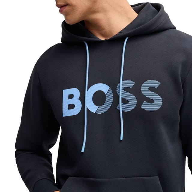 Mens BOSS Soody Regular-Fit Hoodie with logo print in dark blueA signature hoodie designed in stretch cotton by BOSS Menswear. This piece is cut to a straight fit and printed with BOSS branding.- Regular fit- Neckline: Hooded- Pockets top: Kangaroo pocket- Long sleeves- Ribbed cuffs- Standard length- Main material: 73% Cotton  21% Polyester  6% Elastane.  Lining: 100% Polyester.  Machine washable.- Ref: 50535116-402
