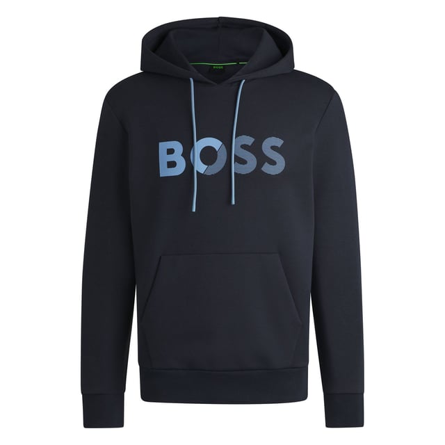 Mens BOSS Soody Regular-Fit Hoodie with logo print in dark blueA signature hoodie designed in stretch cotton by BOSS Menswear. This piece is cut to a straight fit and printed with BOSS branding.- Regular fit- Neckline: Hooded- Pockets top: Kangaroo pocket- Long sleeves- Ribbed cuffs- Standard length- Main material: 73% Cotton  21% Polyester  6% Elastane.  Lining: 100% Polyester.  Machine washable.- Ref: 50535116-402