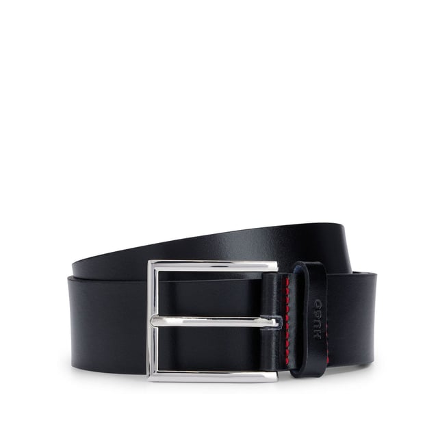 Mens HUGO Giaspo Leather Belt with logo-stamped keeper in blackA contemporary belt by HUGO  crafted in smooth leather with a 4cm width and featuring a logo-stamped keeper and a polished pin buckle. For the best fit  we advise ordering a belt one size larger than your waist size.- Exterior embossed logo- Width: 4cm (1.6 inches)- Hardware finishing: Polished silver hardware- Fully lined- 100% Cow leather- Ref: 50470639-001