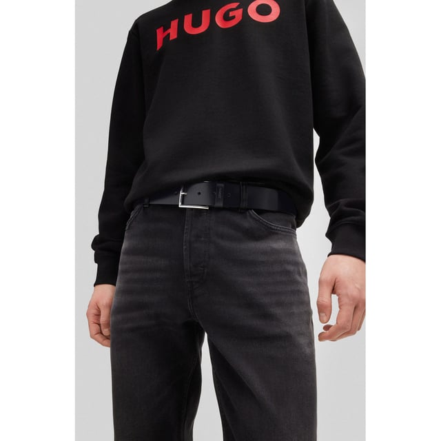 Mens HUGO Giaspo Leather Belt with logo-stamped keeper in blackA contemporary belt by HUGO  crafted in smooth leather with a 4cm width and featuring a logo-stamped keeper and a polished pin buckle. For the best fit  we advise ordering a belt one size larger than your waist size.- Exterior embossed logo- Width: 4cm (1.6 inches)- Hardware finishing: Polished silver hardware- Fully lined- 100% Cow leather- Ref: 50470639-001
