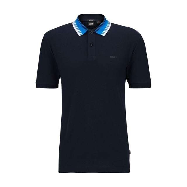 Mens BOSS Phillipson 118 Cotton-Piqué Slim-Fit Polo Shirt with Striped Collar in dark blueA contemporary polo shirt by BOSS Menswear. Cut to a slim fit in pure cotton with a honeycomb structure  this short-sleeved polo shirt is printed with a BOSS logo at the left chest. The collar is detailed with color-blocked stripes.- Slim fit- Short sleeves- 100% Cotton.  Machine washable.- Ref: 50495709-404