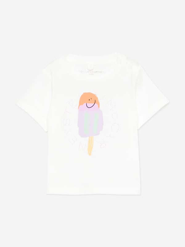 Stella McCartney inspire imagination and creative expression in their colourful designs. This baby girls ivory short sleeve t-shirt is woven from soft organic cotton jersey. It has a large print on the front of an ice cream with a smiling face in orange, purple and green. There is a purple logo print around the ice cream for extra charm. Round Neckline Narrow Ribbed Edge Two Push Buttons At the Left Shoulder Short Sleeves 100 Organic Cotton Rib 96 Organic Cotton 4 Elastane