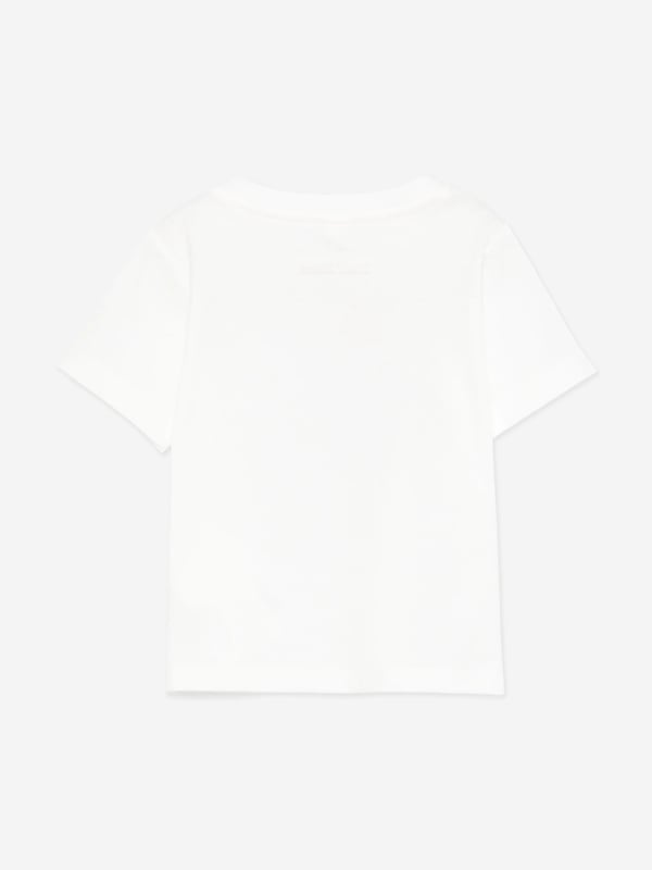 Stella McCartney inspire imagination and creative expression in their colourful designs. This baby girls ivory short sleeve t-shirt is woven from soft organic cotton jersey. It has a large print on the front of an ice cream with a smiling face in orange, purple and green. There is a purple logo print around the ice cream for extra charm. Round Neckline Narrow Ribbed Edge Two Push Buttons At the Left Shoulder Short Sleeves 100 Organic Cotton Rib 96 Organic Cotton 4 Elastane