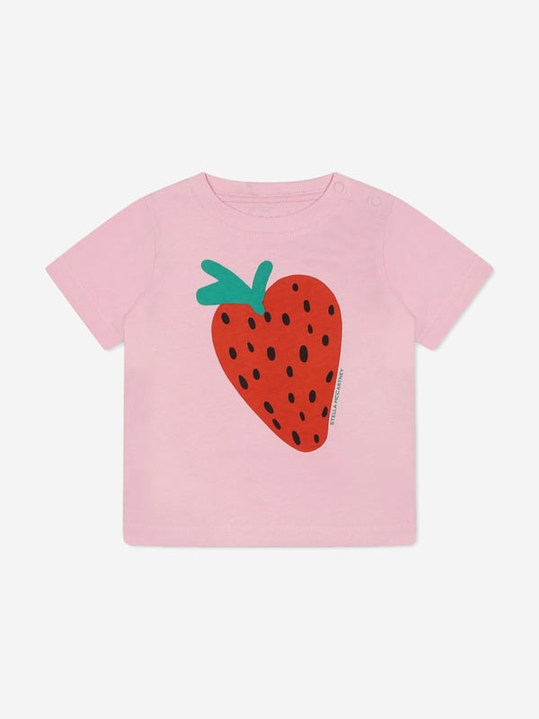 Stella McCartney inspire imagination and creative expression in their colourful designs. This baby girls rose short sleeve t-shirt is woven from the finest high quality organic cotton. It showcases a bright graphic print of a strawberry at the front. Round Neck Organic Cotton 100