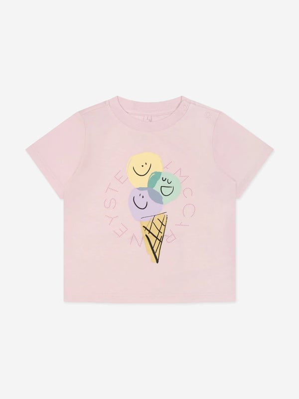 Stella McCartney inspire imagination and creative expression in their colourful designs. This baby girls wisteria short sleeve t-shirt is woven from soft organic cotton jersey. It has a smiling ice-cream graphic print to the front, embodying a fun and stylish spirit. Round Neck Organic Cotton 100