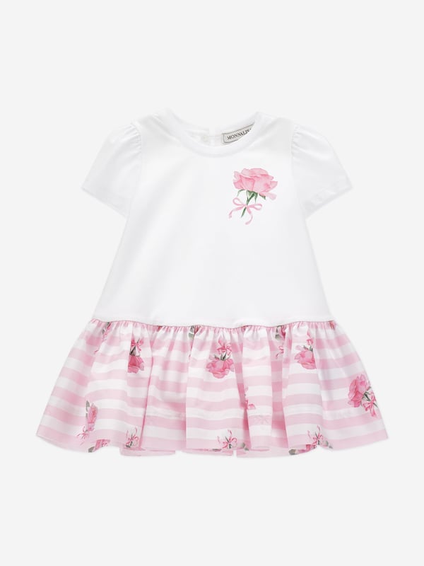 Monnalisa weave beautiful high quality materials with traditional archives. This baby girls dress embodies the Italian label's preference for fashion via a new romantic perspective. The top is crafted from soft jersey with a gathered poplin flounce, gathered armholes, hinted sleeves, and a pink print on the yoke. Made in Italy Round Neckline Teardrop Fastening On Back 95 Cotton, 5 Elastane Spandex 100 Organic Cotton GOTS Certified