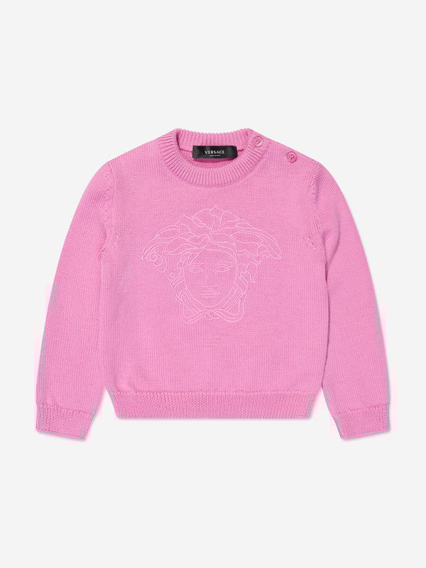 Versace's Italian portraits embody fine detailing and impeccable construction. This baby girls pink paradise jumper captures the label's eccentric personality and passion for manipulating Greek abstracts into fashionable pieces. Made in pure virgin wool, it has been depicted with a subtle Medusa motif embroidery in the centre. Little ones will look effortlessly stylish and sophisticated. Medusa Kids Embroidery Long Sleeves Shoulder Button Closure Elasticated Cuffs and Hem Outer Composition 100 Pure Virgin Wool Embroidery 100 Viscose Hand Wash Gently Using Mild Detergent Do Not Bleach Do Not Tumble Dry Dry Flat Cool Iron On Reverse With Damp Cloth On Top Do Not Dry Clean Wash Inside Out Do Not SoakVersace Size Child's Height 03M 22" 56 cm 36M 24.5" 62 cm 69M 27" 68 cm 912M 29" 74 cm 1218M 31.5" 80 cm 1824M 34" 86 cm 2A 36" 92 cm 3A 38.5" 98 cm