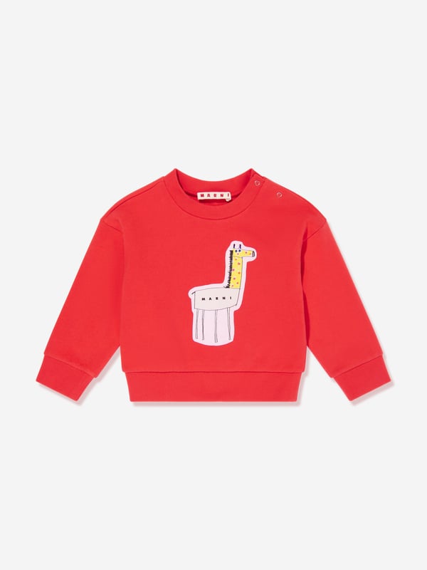 Marni's vintage archives are incorporated with care and spellbinding craftsmanship. This baby unisex sweatshirt has a striking print of a drawn giraffe on the front. Long Sleeves Snap Button Closure Ribbed Construction Crew Neck 100 Cotton