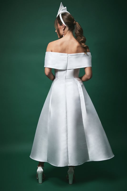 Lisa Tan Twill Bardot Waisted Midi Wedding Dress