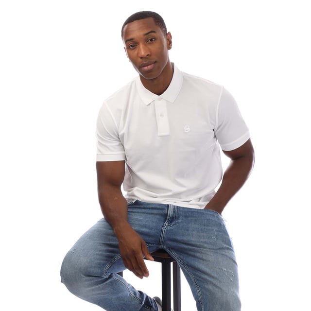 Mens Boss Polo Shirt in white.- Classic collar.- Short sleeves.- Two-button placket.- Ribbed details.- Embroidered BB logo.- 100% Cotton.- Ref: 50517450100