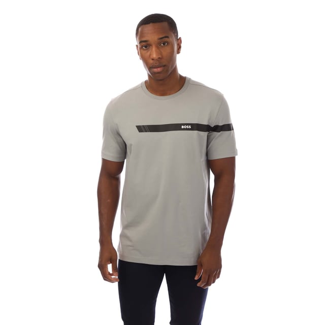 Mens BOSS Stretch-cotton T-shirt with stripe and logo in medium greyA short-sleeved T-shirt by BOSS Menswear  cut to a straight fit in stretch-cotton jersey with a sporty printed stripe and logo.- Regular fit- Crew neck- Short sleeves- Standard length- 95% Cotton  5% Elastane.  Machine washable- Ref: 50501227-039