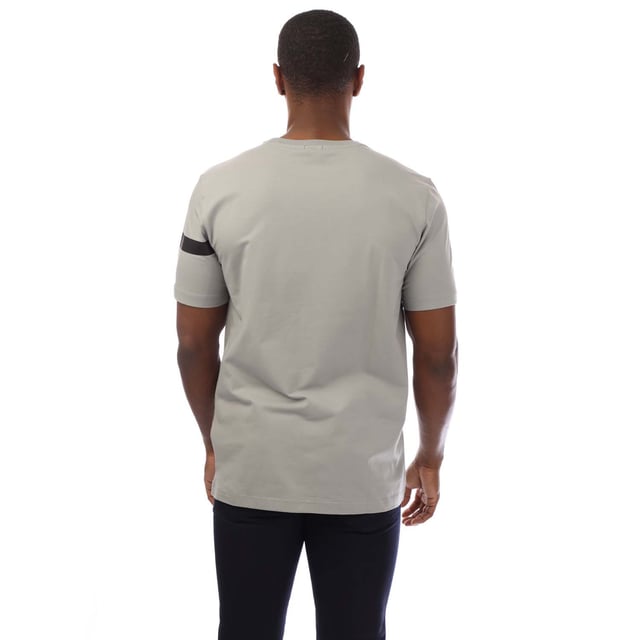 Mens BOSS Stretch-cotton T-shirt with stripe and logo in medium greyA short-sleeved T-shirt by BOSS Menswear  cut to a straight fit in stretch-cotton jersey with a sporty printed stripe and logo.- Regular fit- Crew neck- Short sleeves- Standard length- 95% Cotton  5% Elastane.  Machine washable- Ref: 50501227-039