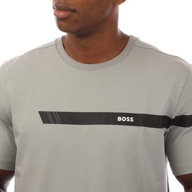 Mens BOSS Stretch-cotton T-shirt with stripe and logo in medium greyA short-sleeved T-shirt by BOSS Menswear  cut to a straight fit in stretch-cotton jersey with a sporty printed stripe and logo.- Regular fit- Crew neck- Short sleeves- Standard length- 95% Cotton  5% Elastane.  Machine washable- Ref: 50501227-039