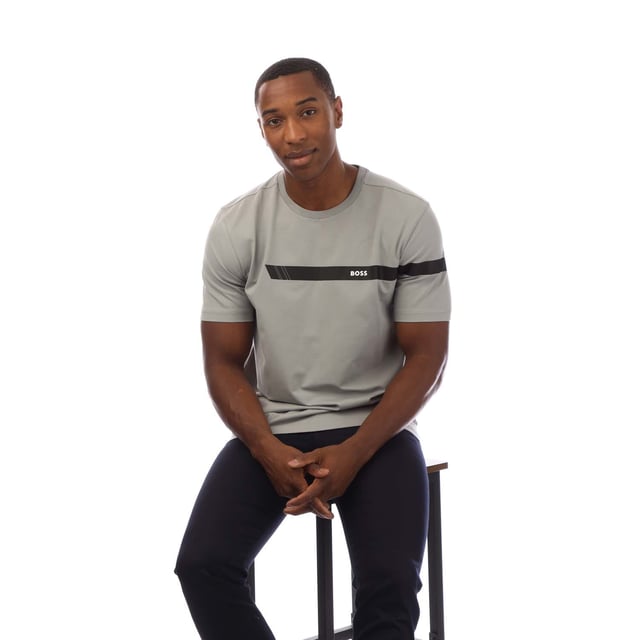 Mens BOSS Stretch-cotton T-shirt with stripe and logo in medium greyA short-sleeved T-shirt by BOSS Menswear  cut to a straight fit in stretch-cotton jersey with a sporty printed stripe and logo.- Regular fit- Crew neck- Short sleeves- Standard length- 95% Cotton  5% Elastane.  Machine washable- Ref: 50501227-039