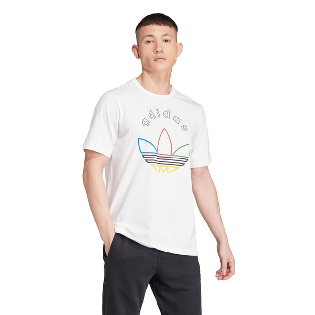 Mens adidas Originals Graphic T-Shirt in cloud whiteSlip into this adidas tee and show off retro-cool style. Inspired by one of the biggest sporting events in the world  a colourful logo graphic anchors your look in legacy. Smooth cotton keeps it casual and comfortable. Pair it with joggers for a laid-back vibe or distressed jeans to remix the retro inspiration.- Celebrate sport in this comfy tee.- Regular fit- Ribbed crewneck- 100% cotton- Machine wash cold delicate cycle- Ref: IW3237