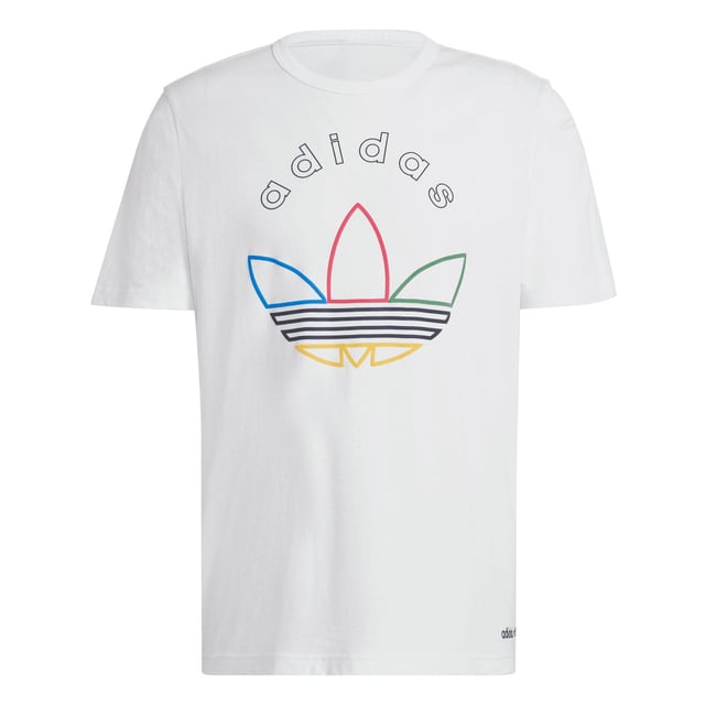 Mens adidas Originals Graphic T-Shirt in cloud whiteSlip into this adidas tee and show off retro-cool style. Inspired by one of the biggest sporting events in the world  a colourful logo graphic anchors your look in legacy. Smooth cotton keeps it casual and comfortable. Pair it with joggers for a laid-back vibe or distressed jeans to remix the retro inspiration.- Celebrate sport in this comfy tee.- Regular fit- Ribbed crewneck- 100% cotton- Machine wash cold delicate cycle- Ref: IW3237
