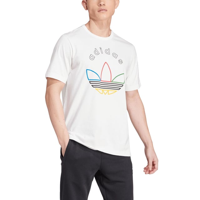 Mens adidas Originals Graphic T-Shirt in cloud whiteSlip into this adidas tee and show off retro-cool style. Inspired by one of the biggest sporting events in the world  a colourful logo graphic anchors your look in legacy. Smooth cotton keeps it casual and comfortable. Pair it with joggers for a laid-back vibe or distressed jeans to remix the retro inspiration.- Celebrate sport in this comfy tee.- Regular fit- Ribbed crewneck- 100% cotton- Machine wash cold delicate cycle- Ref: IW3237