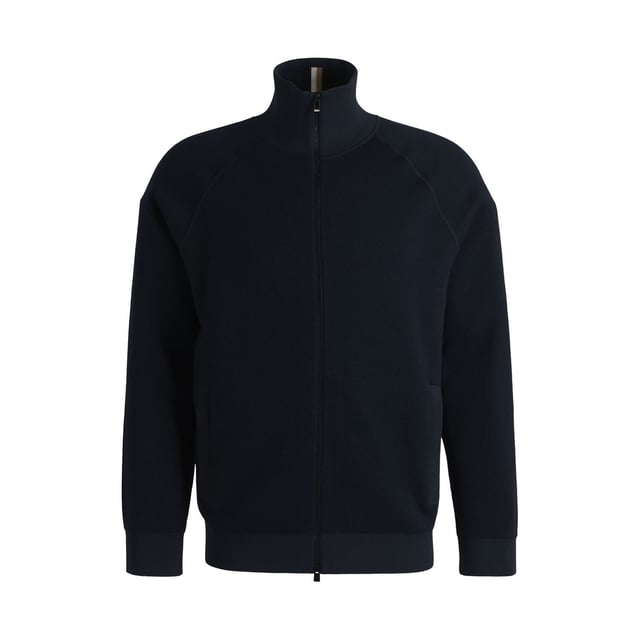 Mens BOSS H-Domico Zip-Up Cardigan in cotton and virgin wool in dark blueA zip-front cardigan with contrasting ribbing by BOSS. This layer is cut to a regular fit and blended with soft virgin wool. This product is partly made with organic cotton. Our organic standards do not allow the use of synthetic fertilisers  pesticides or genetically modified seeds.- Regular fit- Zip neck- Long sleeves- Pockets top: Zip pockets- Standard length- Main material: 70% Cotton  30% Virgin wool.  Ribbing: 100% Polyester.  Machine washable.- Ref: 50519629-405