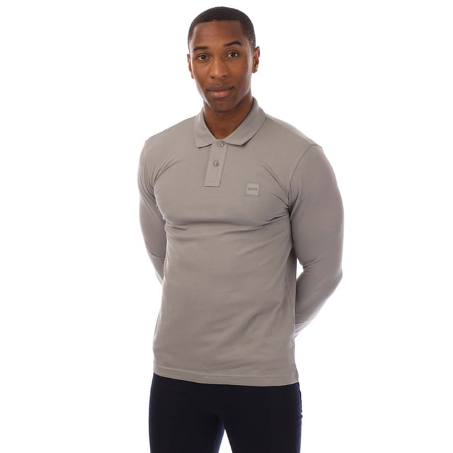 Mens BOSS Passerby Stretch Cotton Slim Fit Polo Shirt with logo patch in open grey.A signature polo shirt with a tonal logo patch by BOSS. This slim-fitting top is crafted in washed stretch piqué for comfort.- Slim fit- Flat-knit collar- Number of buttons: 2- Long sleeves- Flat-knit cuffs- 95% Cotton  5% Elastane.  Machine washable.- Ref: 50507704-063