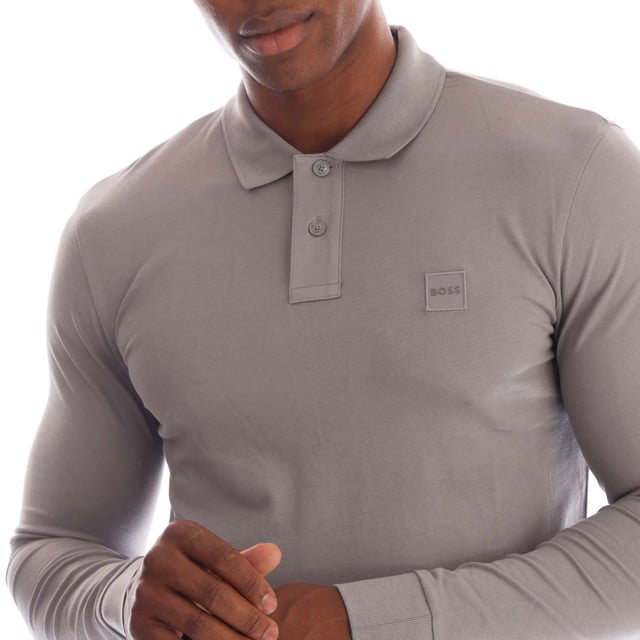 Mens BOSS Passerby Stretch Cotton Slim Fit Polo Shirt with logo patch in open grey.A signature polo shirt with a tonal logo patch by BOSS. This slim-fitting top is crafted in washed stretch piqué for comfort.- Slim fit- Flat-knit collar- Number of buttons: 2- Long sleeves- Flat-knit cuffs- 95% Cotton  5% Elastane.  Machine washable.- Ref: 50507704-063