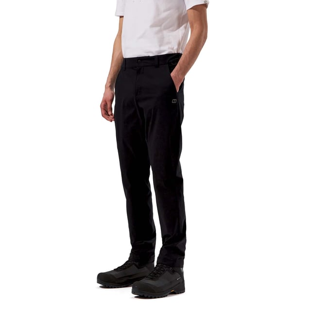 Elasticated drawcord loop on the waistband.One open pocket and one concealed pocket at the rear.Two hand pockets at the front.Belt loops.That extra panel of fabric at the inseam means extra movement and durability.Straight fit.