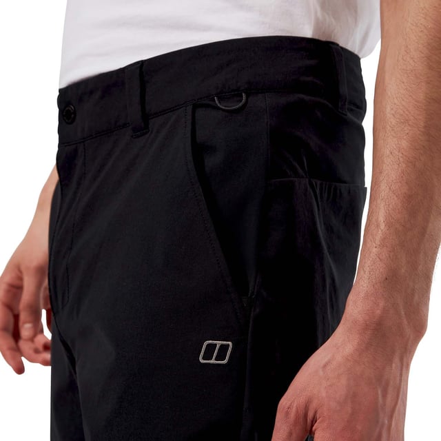 Elasticated drawcord loop on the waistband.One open pocket and one concealed pocket at the rear.Two hand pockets at the front.Belt loops.That extra panel of fabric at the inseam means extra movement and durability.Straight fit.