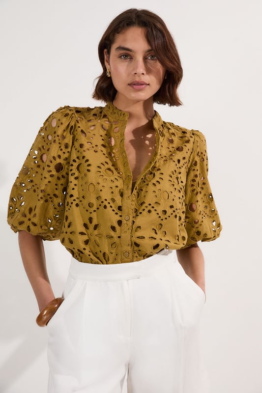 Cotton Broderie Woven Short Sleeve Blouse
