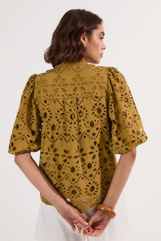 Cotton Broderie Woven Short Sleeve Blouse