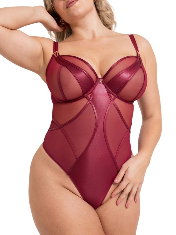 Curvy Kate Scantilly Suspense Plunge Bodysuit. Underwired non-padded plunge bodysuit with sheer mesh cups, contouring satin panels and rose gold hardware. This product is recommended as hand wash only.