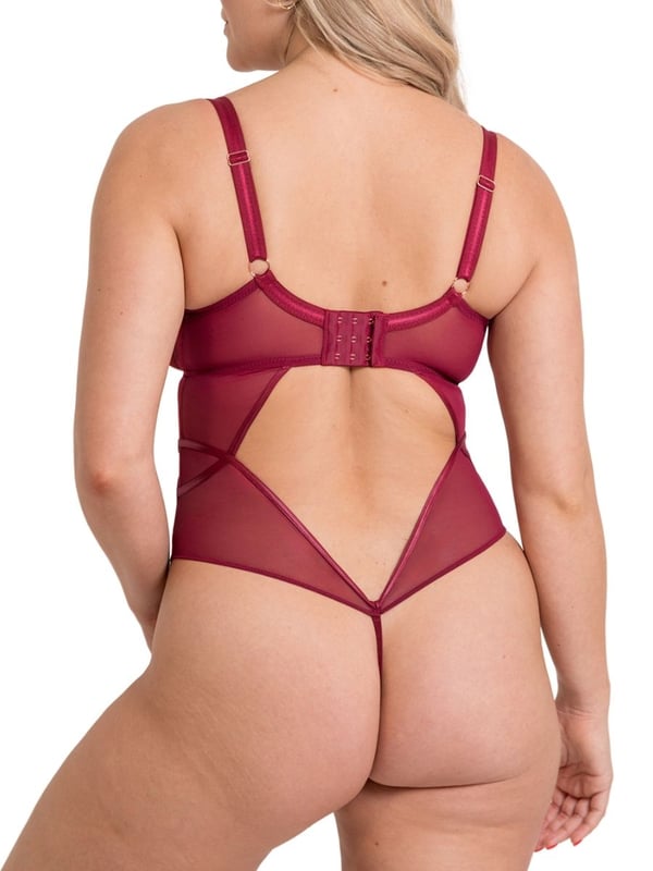 Curvy Kate Scantilly Suspense Plunge Bodysuit. Underwired non-padded plunge bodysuit with sheer mesh cups, contouring satin panels and rose gold hardware. This product is recommended as hand wash only.