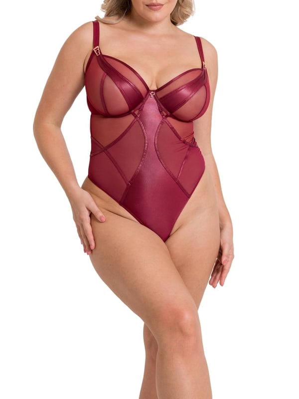 Curvy Kate Scantilly Suspense Plunge Bodysuit. Underwired non-padded plunge bodysuit with sheer mesh cups, contouring satin panels and rose gold hardware. This product is recommended as hand wash only.