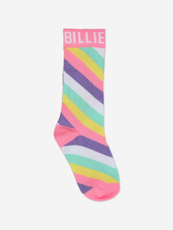 Billieblush incorporate high quality detailing and an advanced outlook on contemporary designs. These girls high multicoloured socks showcase beautiful brand print and stripes via a metallic aspect thread in elegant jacquard. Rib Finishing 70 CO, 25 PL, 3 EL, 2 Metallised Fibre