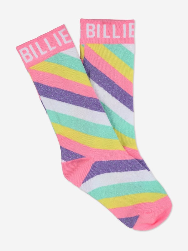 Billieblush incorporate high quality detailing and an advanced outlook on contemporary designs. These girls high multicoloured socks showcase beautiful brand print and stripes via a metallic aspect thread in elegant jacquard. Rib Finishing 70 CO, 25 PL, 3 EL, 2 Metallised Fibre