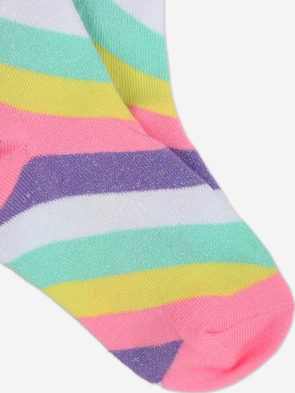 Billieblush incorporate high quality detailing and an advanced outlook on contemporary designs. These girls high multicoloured socks showcase beautiful brand print and stripes via a metallic aspect thread in elegant jacquard. Rib Finishing 70 CO, 25 PL, 3 EL, 2 Metallised Fibre