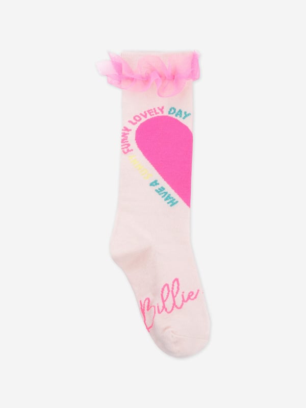 Billieblush deliver a fun enigmatic attitude in their stylish abstracts. These girls pink socks showcase a large, neon pink heart on the front of the shaft with "Have A Sunny Funny Lovely Day" printing. Ruffle Of Neon Pink Tulle Regular Length Shaft Elastic Edge 58 Cotton, 28 Polyester, 12 Acrylic, 2 Elastane
