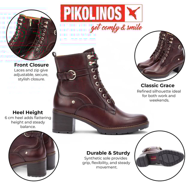 Step into timeless comfort with the Pikolinos Llanes ankle boots – a perfect blend of elegance, functionality, and warmth for colder days. Crafted from premium calfskin leather, these boots feature a flattering 6 cm mid heel and padded insoles for lasting comfort. With a stylish lace-up front and convenient side zip, the Llanes boots are designed to keep your feet supported while elevating your look. Whether you're heading out for errands or styling up for the evening, these boots deliver all-day ease with classic sophistication.

Key Features:
Upper: 100% calfskin leather for a premium, durable finish
Lining: 75% textile and 25% pig skin for a soft, breathable interior
Sole: 100% synthetic for long-lasting grip and flexibility
Closure: Lace-up front with side zip for easy on/off
Heel Height: 6 cm (2.36") flattering mid heel
Shaft Height: 13 cm (5.12"); Shaft Contour: 25 cm (9.84")
Features: Extra comfort insoles for all-day support
Style: Elegant and versatile – ideal for cold weather wear