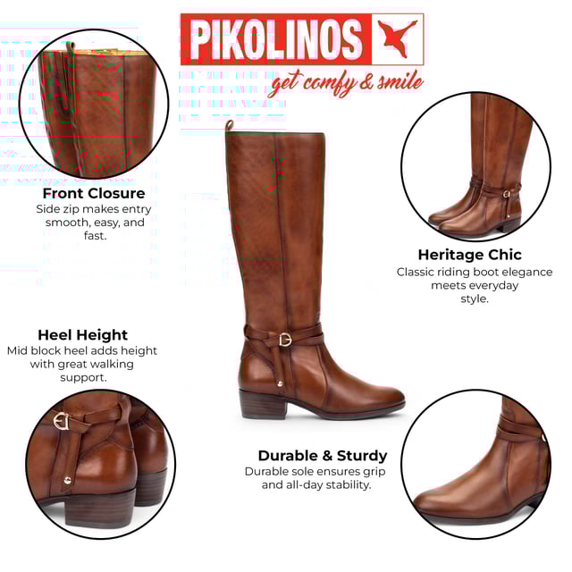 Step confidently into timeless style with the Pikolinos Daroca tall boots, expertly crafted from 100% calfskin leather for a polished, rich finish. Designed to offer exceptional comfort with a cushioned insole and a supportive 4 cm (1.57”) heel, these boots strike the perfect balance between form and function. The sleek, equestrian-inspired silhouette is accented with elegant strap and buckle detailing, making them a versatile wardrobe essential for cooler seasons.

Key Features:

Upper: 100% premium calfskin leather for durability and a refined look
Inner lining: Soft textile and pigskin blend (75% textile, 25% pigskin) for breathable, all-day comfort
Insole: Cushioned insole for enhanced walking support
Sole: 100% synthetic for long-lasting wear
Closure: Side zip fastening for easy wearability
Heel height: 4 cm (1.57”) for subtle elevation
Shaft contour: 38 cm (14.96”) based on EU size 37
Shaft height: 37.5 cm (14.76”) based on EU size 37