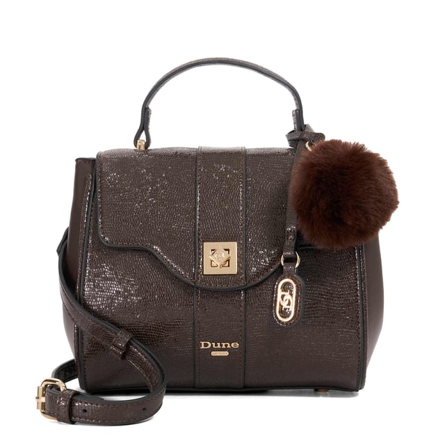 Dassios is the chic day bag that balances polish with practicality. Crafted with a contrasting textured side panel for a subtle style twist, it features a sleek turn-lock closure and a structured top handle for timeless appeal. Inside, the monogrammed lining reveals two spacious compartments ' one zipped for added security ' keeping your essentials neatly organised. Carry it by hand for a sophisticated look, or attach the optional long strap for a hands-free cross-body style. Finished with a removable logo and plush faux-fur pom-pom charm, Dassios is your go-to for effortless everyday elegance