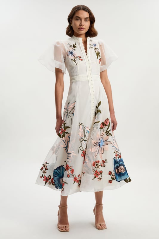ワンピース Cutwork Embroidery Angel Sleeve Dress M Botanical Embroidery Organdie Angel Sleeve Midi Dress
