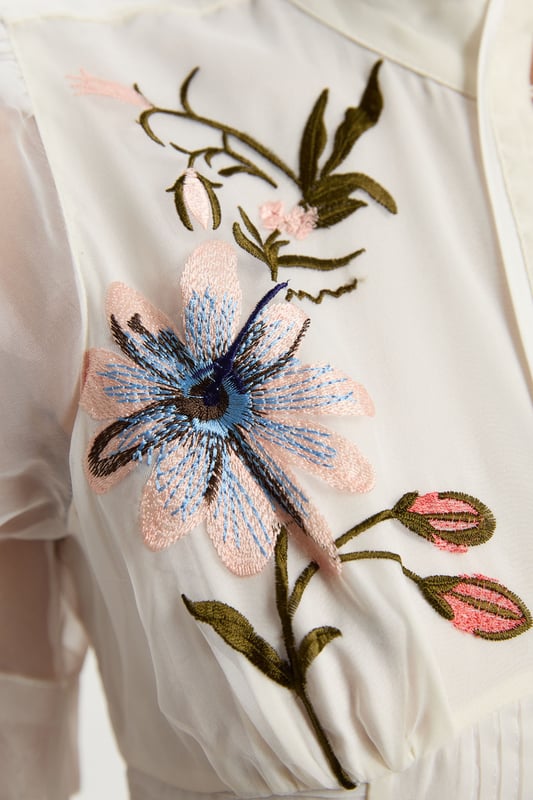 Botanical Embroidery Organdie Angel Sleeve Midi Dress