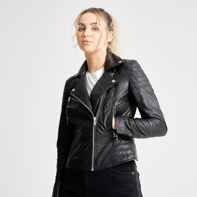 Update your look with the BARNEYS ORIGINALS textured leather jacket, the Clara. This iconic jacket is a best-selling style that suits all. Asymmetric zipline, ribbed shoulders and silver hardware; this is the ultimate leather biker jacket.