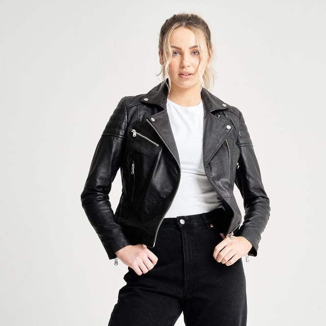 Update your look with the BARNEYS ORIGINALS textured leather jacket, the Clara. This iconic jacket is a best-selling style that suits all. Asymmetric zipline, ribbed shoulders and silver hardware; this is the ultimate leather biker jacket.