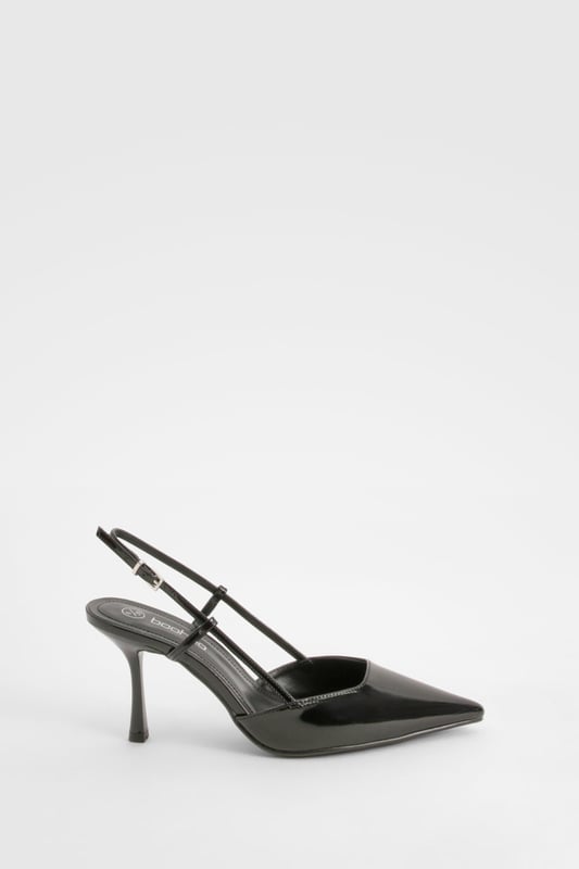 Sleek pointed toe design for a sophisticated look
        Slingback strap with adjustable buckle for a secure fit
        Low heel height between 2.5 and 4.5cm for comfortable wear
        Glossy finish adds a touch of glamour
        Versatile style suitable for various occasions
    
    Step out in style with these chic PU pumps from Boohoo. Perfect for the fashion-forward woman who wants to make a statement, these slingbacks combine comfort with elegance. The pointed toe and sleek silhouette create a flattering look that elongates the leg, while the low heel ensures you can dance the night away without compromising on style. Ideal for a night out with friends, these pumps can easily transition from drinks at the bar to hitting the dance floor. Pair them with your favourite little black dress for a classic look, or add a pop of edge to tailored trousers for a more contemporary ensemble. The adjustable strap allows for a customised fit, ensuring these pumps will be your go-to choice for any urban nightlife adventure.