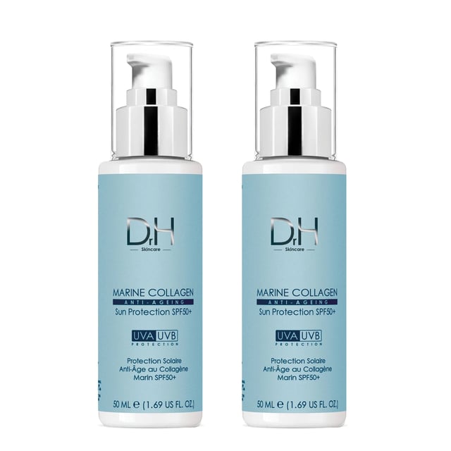 Dr H Anti-Aging Meereskollagen Sonnenschutz SPF 50 50ml x 2 Duo-Pack Entdecken Sie unsere Anti-Aging SPF 50 Tagescreme, die fachmännisch für jugendliche, geschützte Haut entwickelt wurde. Diese leichte Formel ist für alle Hauttypen geeignet und bietet essentielle Hydratation, während sie vor schädlichen UV-Strahlen schützt. Angereichert mit 1 % Hyaluronsäure, Sheabutter und Kollagen dringt sie tief ein, verbessert die Hautelastizität und nährt für ein weiches, pralles Erscheinungsbild. Schnell einziehend und ideal für den täglichen Gebrauch, bekämpft diese Feuchtigkeitscreme feine Linien und Sonnenschäden und sorgt dafür, dass Ihre Haut wunderschön hydratisiert bleibt. Vegan, tierversuchsfrei und dermatologisch getestet, ist sie frei von Parabenen und künstlichen Düften. Tragen Sie sie großzügig jeden Morgen auf die gereinigte Haut auf und wenden Sie sie nach Bedarf für optimalen Schutz erneut an. Kaufen Sie jetzt, um den verwandelnden Unterschied für Ihre Haut zu erleben!