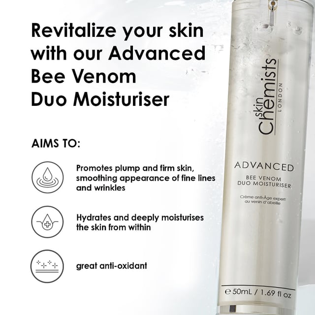 Discover our Advanced Bee Venom Duo Moisturiser, the ultimate daily luxury for achieving smooth, plump, and youthful skin. This expertly crafted formula is suitable for all skin types and is infused with bee venom, essential vitamins, and antioxidants to instantly hydrate and revitalise your complexion. Say goodbye to fine lines and dullness as this lightweight moisturiser blurs imperfections for a radiant look, absorbing quickly and making it perfect for use under makeup. Apply morning and night for best results, and enjoy the peace of mind knowing it is vegan, cruelty-free, and dermatologist-approved, free from parabens, sulfates, and artificial fragrances. Elevate your skincare routine and experience the luxurious difference today!