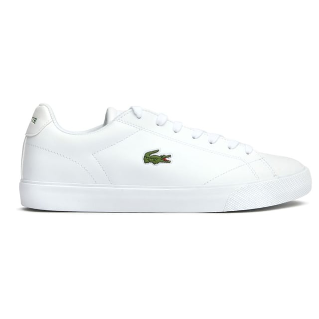 Mens white Lacoste lerond set trainers, manufactured with leather and a rubber sole. Featuring: lacoste branding, padded tongue, ortholite insole and embroidered croc.