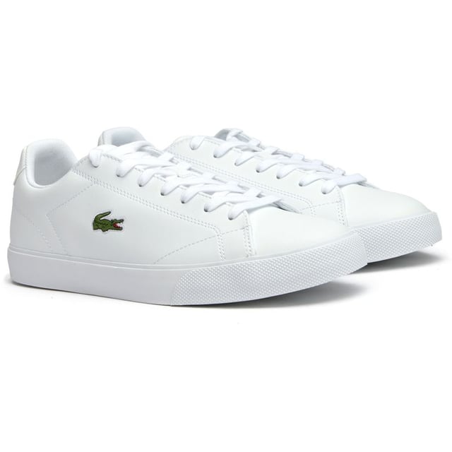 Mens white Lacoste lerond set trainers, manufactured with leather and a rubber sole. Featuring: lacoste branding, padded tongue, ortholite insole and embroidered croc.
